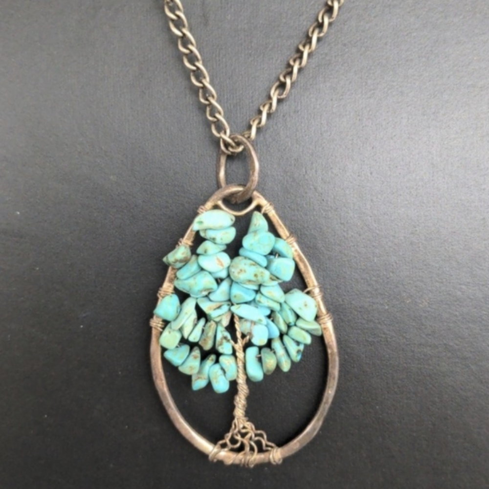 Vintage handmade silver Tree of Life pendant with blue turquoise stones